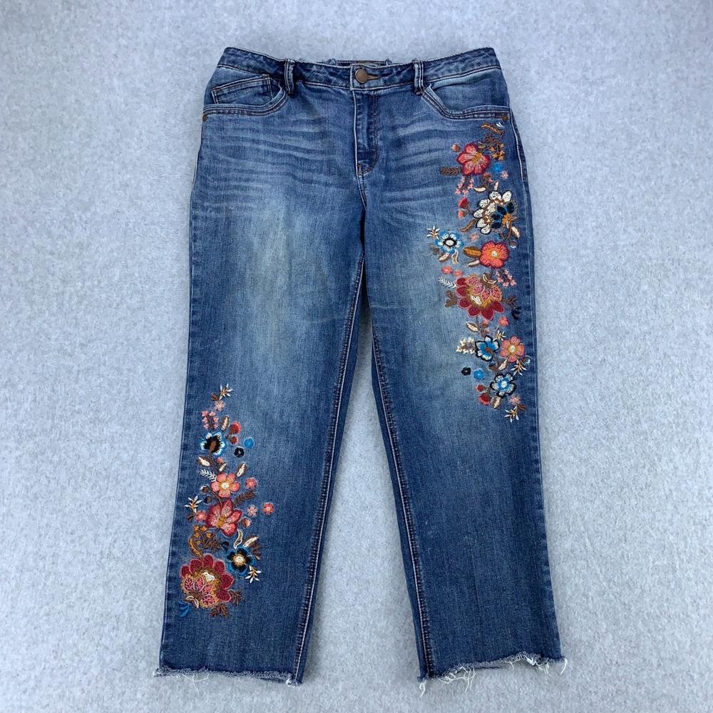 Democracy Jeans Womens 12 Blue Floral Embroidered Raw Hem Flex-ellent *Altered*